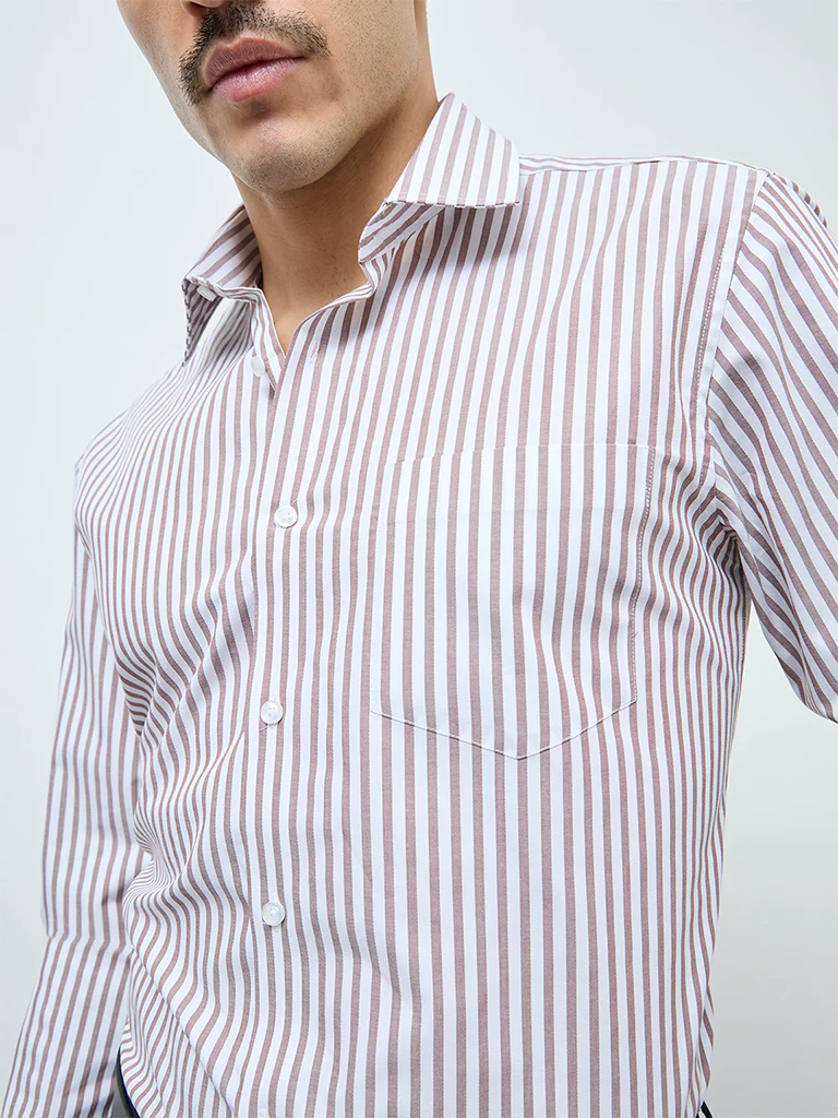 WES Formals Brown Striped Slim-Fit Cotton Shirt - Image 2