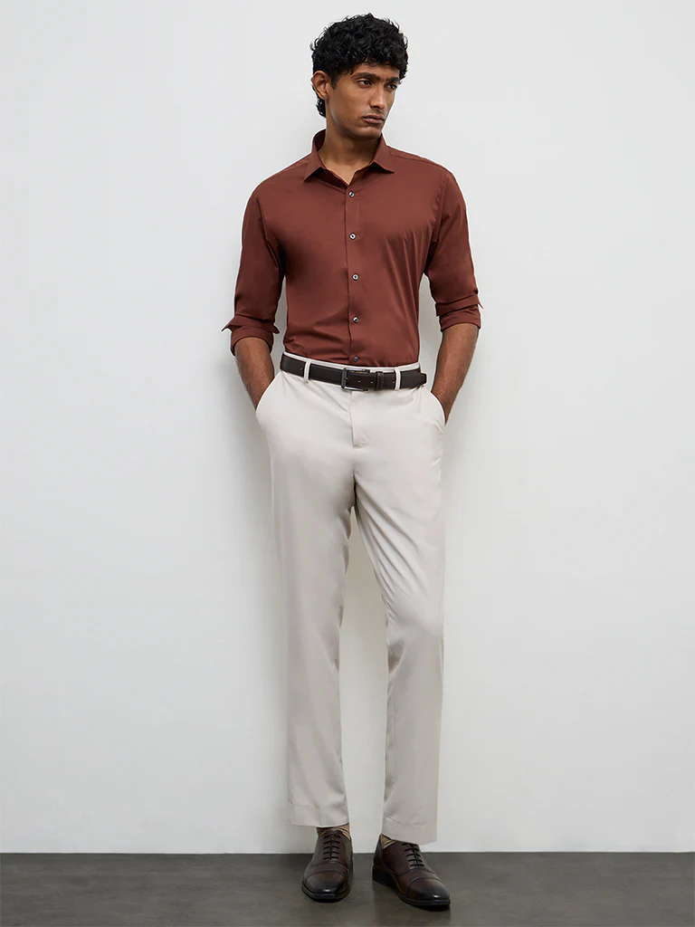 WES Formals Brown Ultra Slim-Fit Cotton-Blend Shirt - Image 2