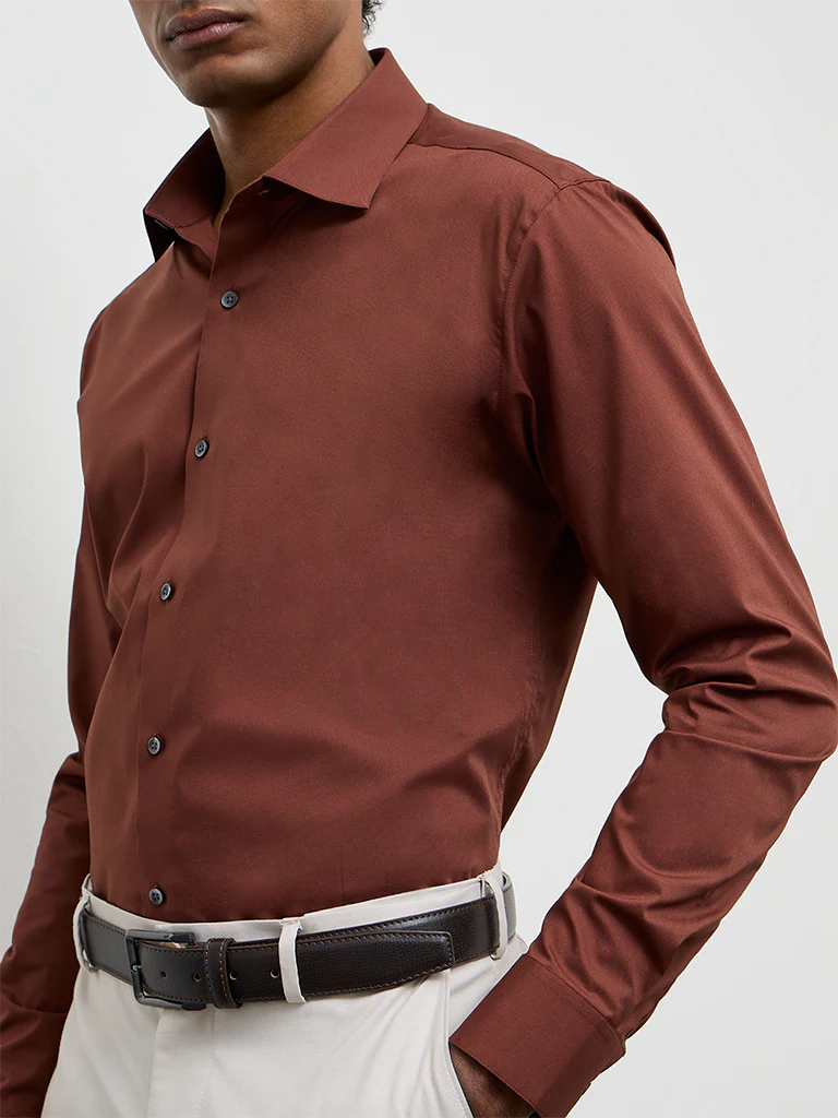 WES Formals Brown Ultra Slim-Fit Cotton-Blend Shirt - Image 3