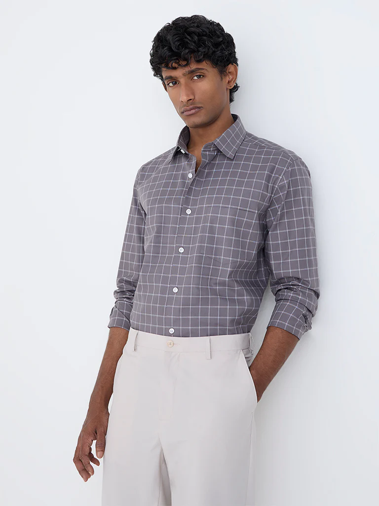 WES Formals Charcoal Checkered Relaxed-Fit Cotton Shirt