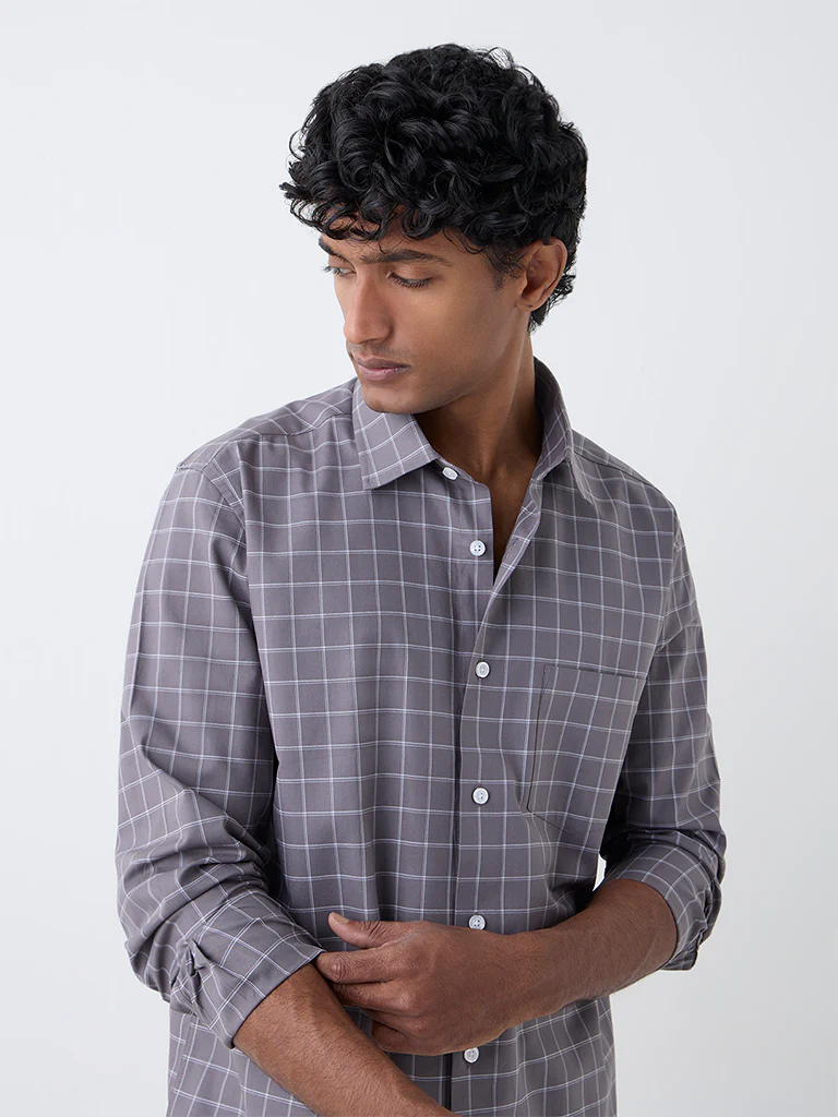 WES Formals Charcoal Checkered Relaxed-Fit Cotton Shirt - Image 2