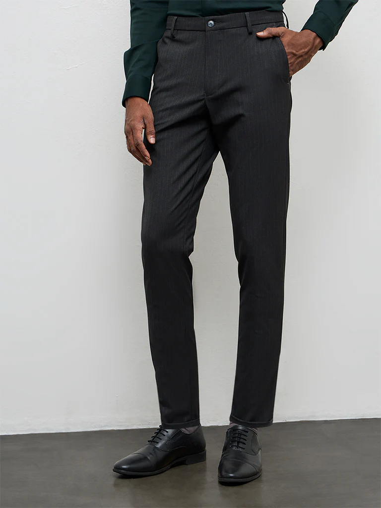 WES Formals Charcoal Pinstripe Relaxed-Fit Mid-Rise Trousers - Image 2