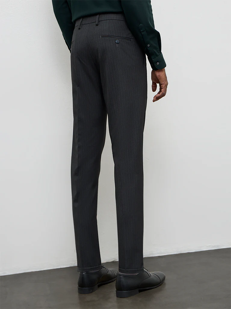 WES Formals Charcoal Pinstripe Relaxed-Fit Mid-Rise Trousers - Image 4