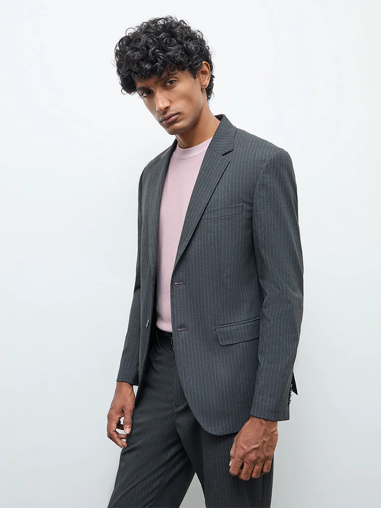 WES Formals Charcoal Pinstriped Slim-Fit Blazer