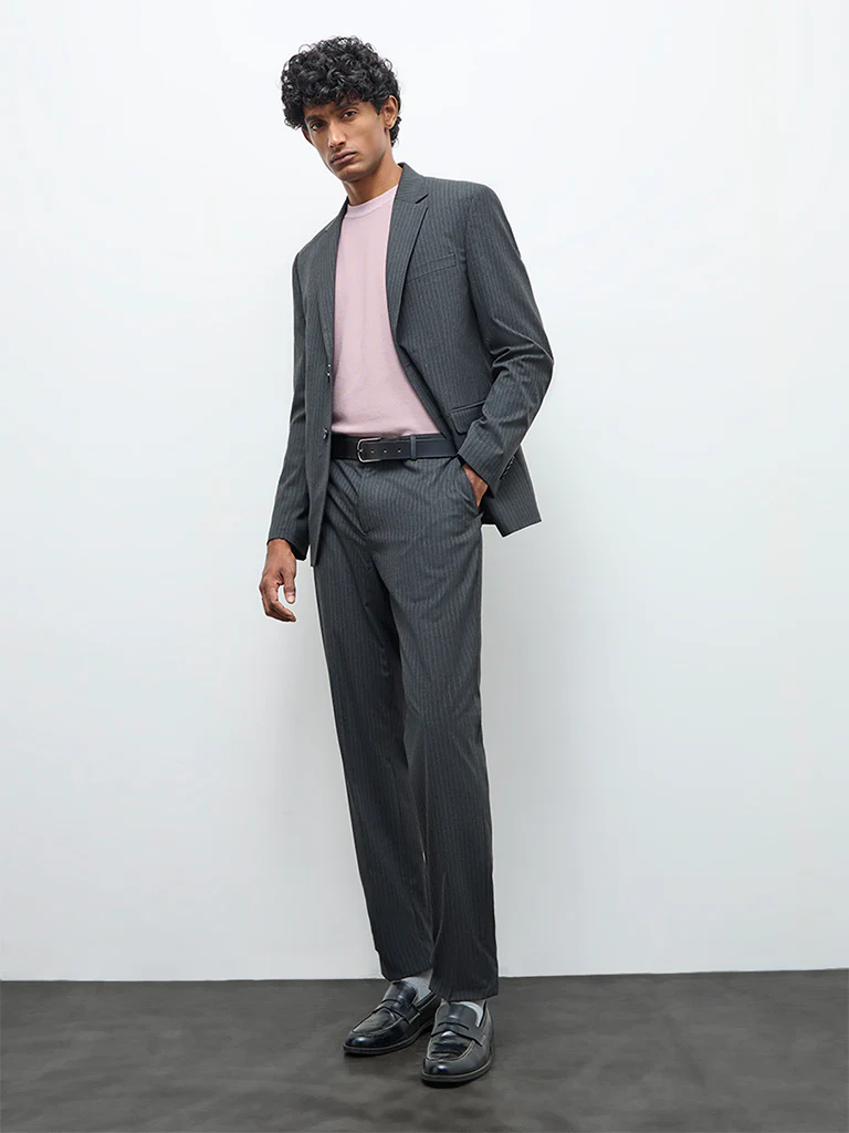 WES Formals Charcoal Pinstriped Slim-Fit Mid-Rise Trousers