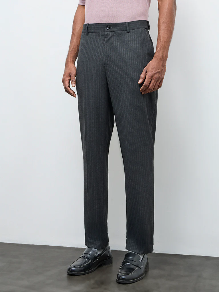 WES Formals Charcoal Pinstriped Slim-Fit Mid-Rise Trousers - Image 2