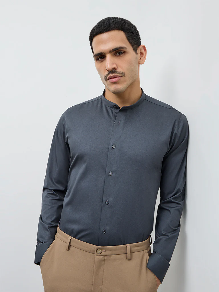 WES Formals Charcoal Slim-Fit Cotton-Blend Shirt