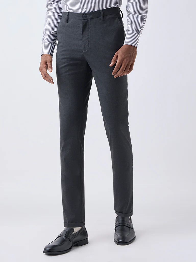 WES Formals Charcoal Slim-Fit Mid-Rise Trousers - Image 2