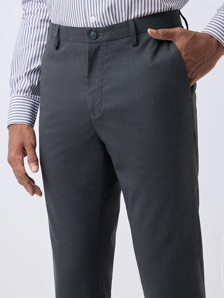 WES Formals Charcoal Slim-Fit Mid-Rise Trousers - Image 3