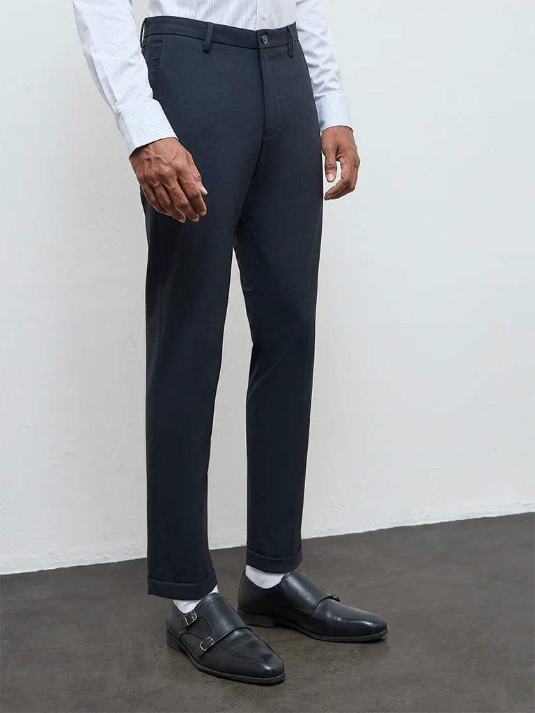 WES Formals Charcoal Solid Slim-Fit Mid-Rise Trousers - Image 3