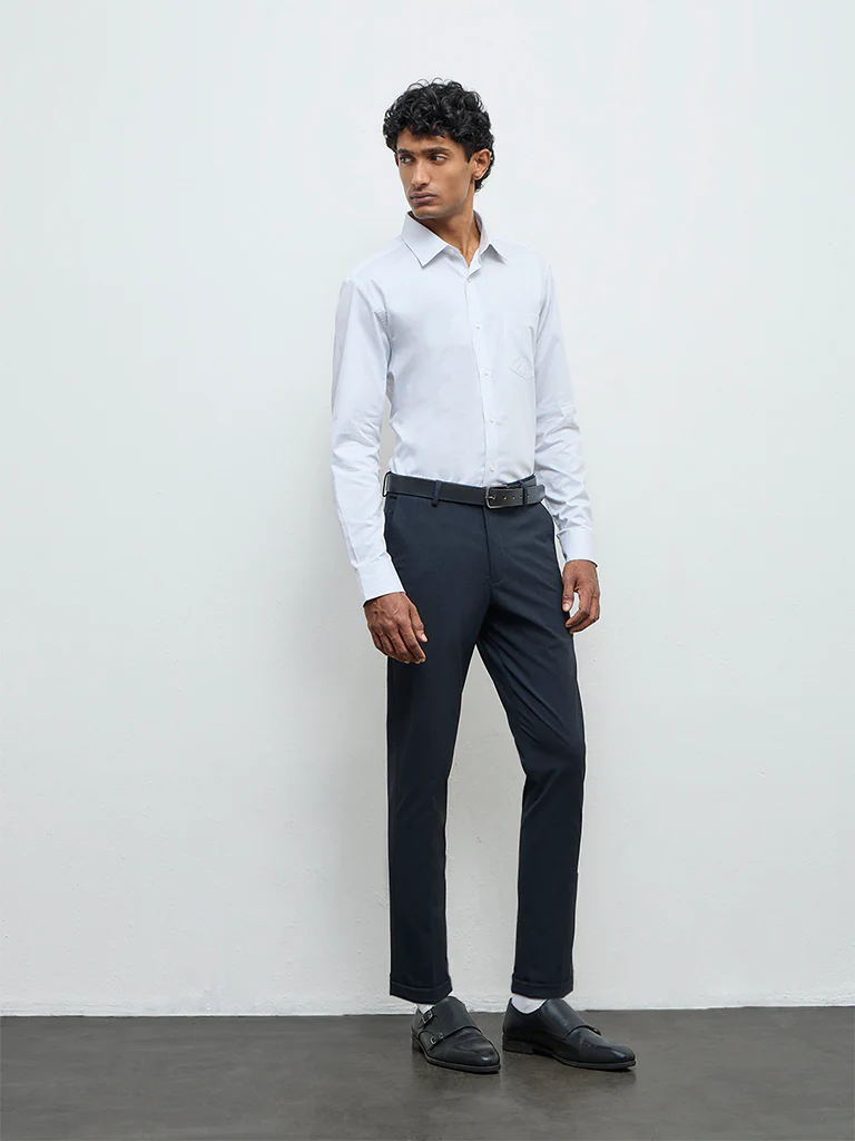 WES Formals Charcoal Textured Carrot Fit Mid-Rise Trousers