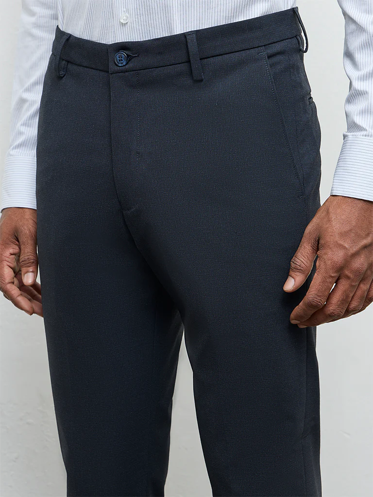 WES Formals Charcoal Textured Carrot Fit Mid-Rise Trousers - Image 4