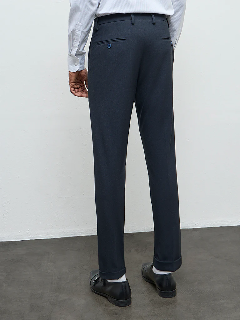 WES Formals Charcoal Textured Carrot Fit Mid-Rise Trousers - Image 5