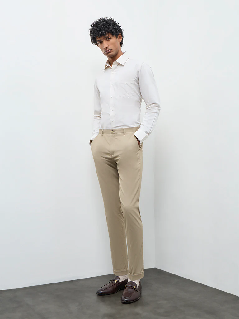 WES Formals Cream Self-Textured Slim-Fit Cotton Shirt - Image 3
