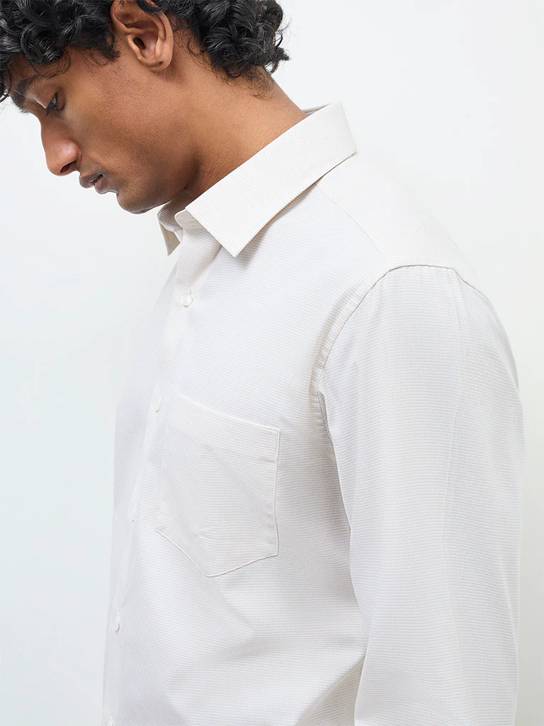 WES Formals Cream Self-Textured Slim-Fit Cotton Shirt - Image 4