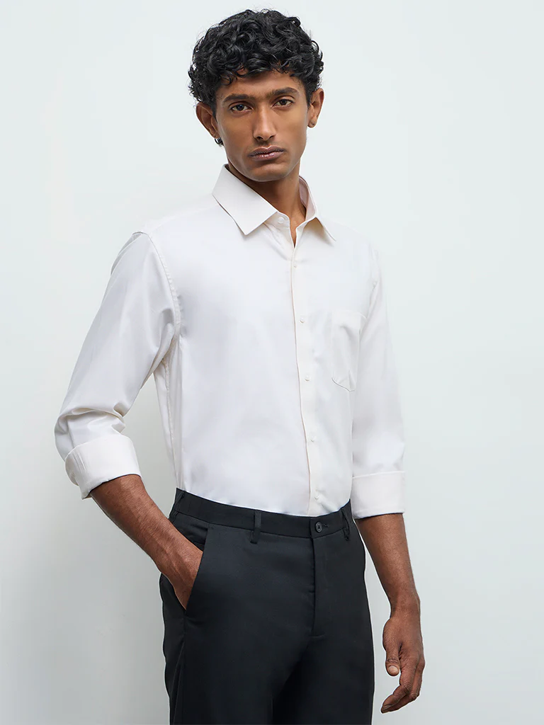 WES Formals Cream Slim-Fit Cotton Shirt