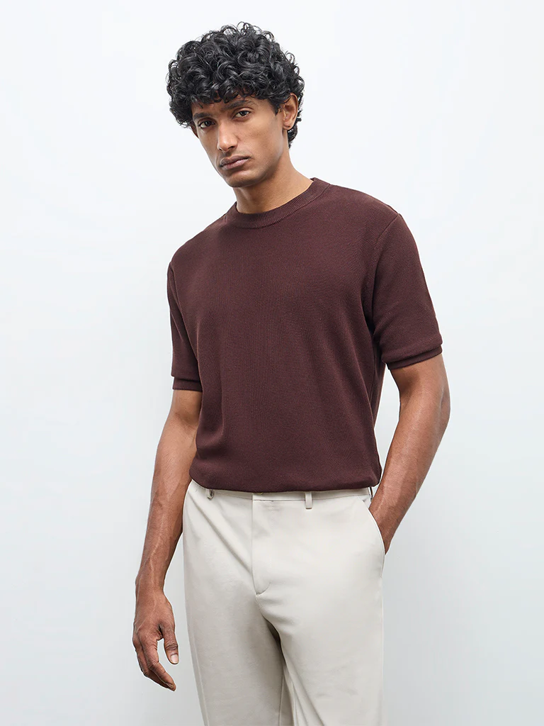 WES Formals Dark Brown Knitted Slim-Fit T-Shirt