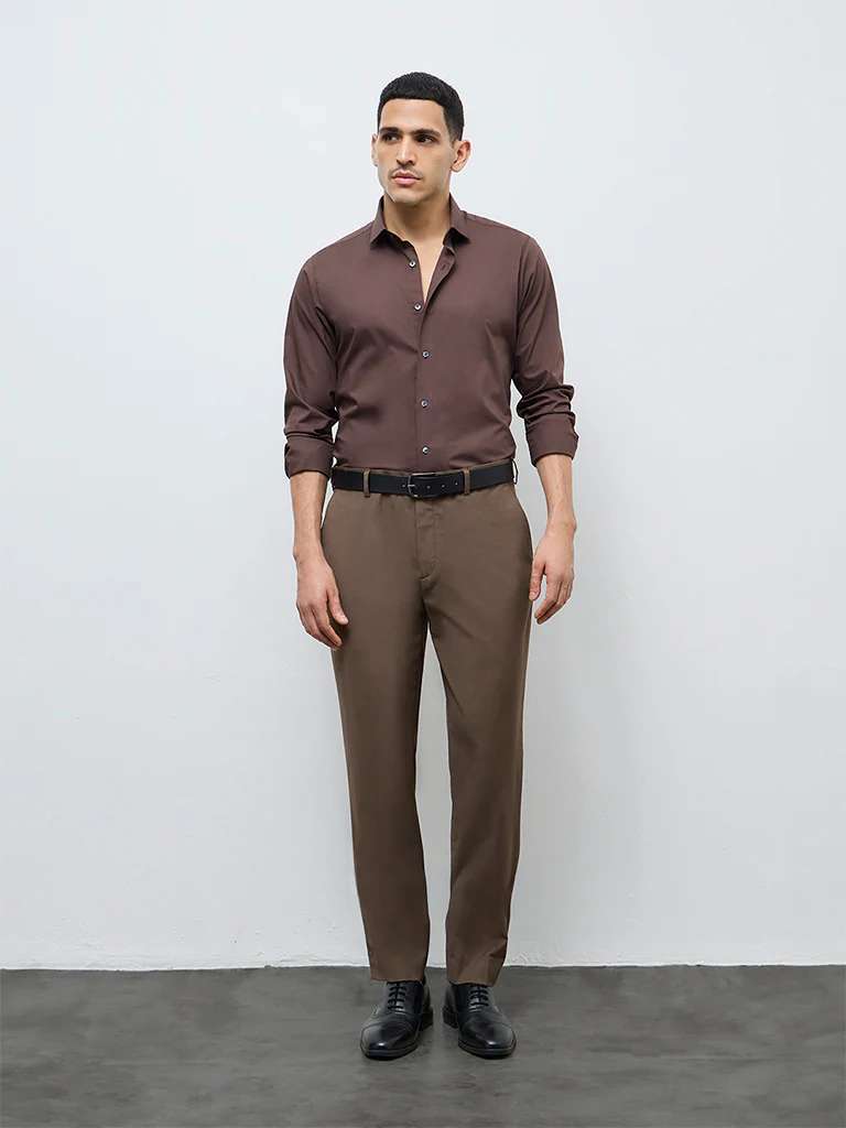 WES Formals Dark Brown Mid-Rise Slim-Fit Trousers