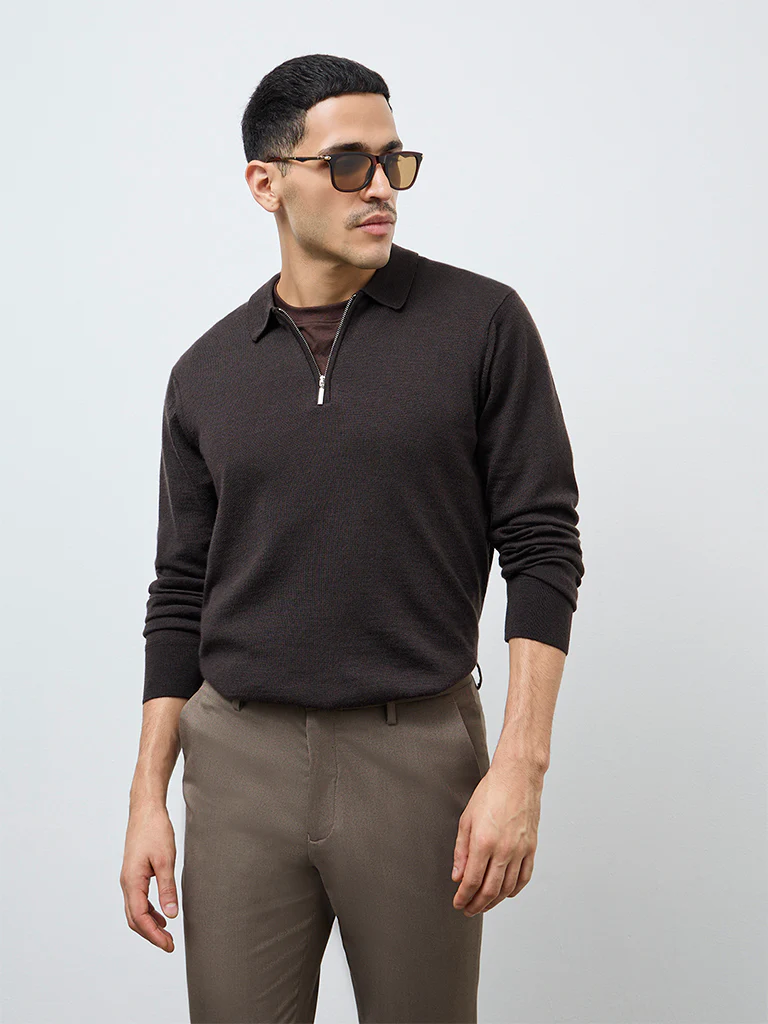 WES Formals Dark Brown Relaxed-Fit Quarter-Zip Sweater