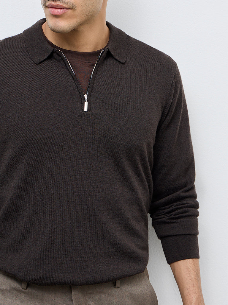 WES Formals Dark Brown Relaxed-Fit Quarter-Zip Sweater - Image 4