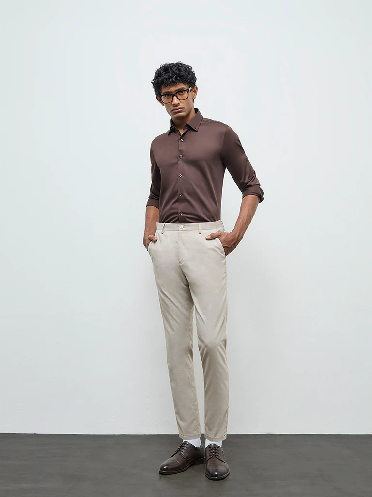 WES Formals Dark Brown Solid Slim-Fit Cotton Shirt - Image 3