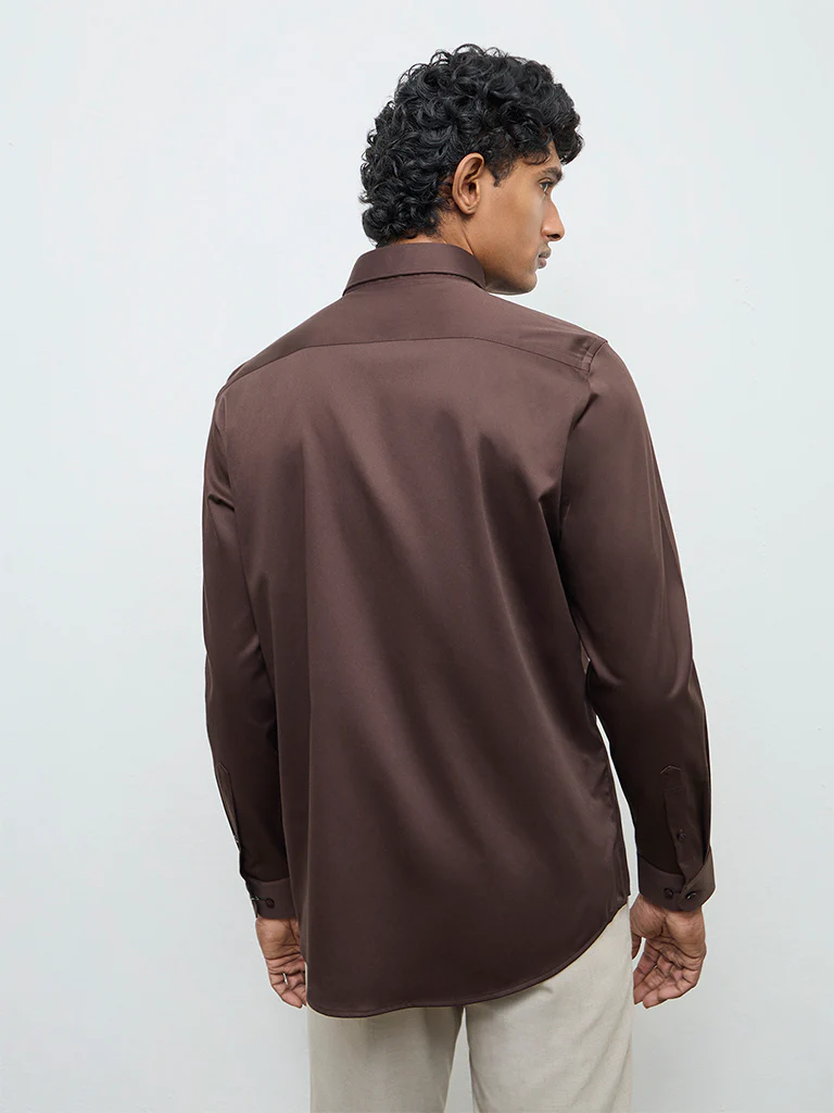 WES Formals Dark Brown Solid Slim-Fit Cotton Shirt - Image 5