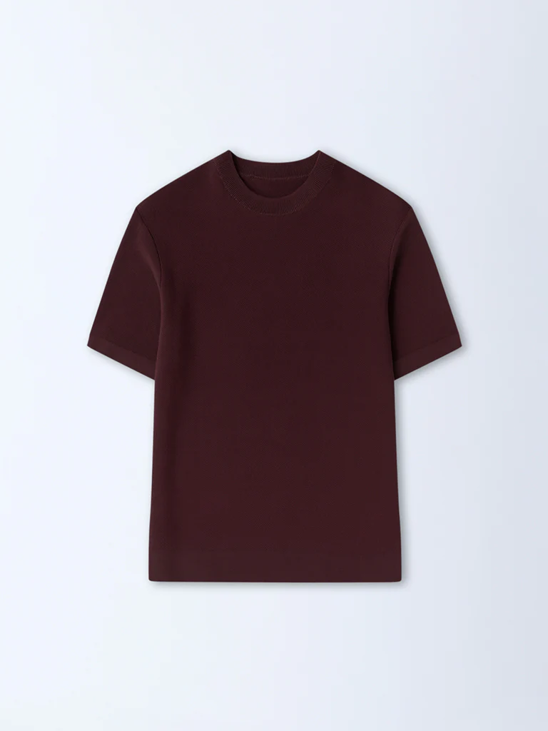 WES Formals Dark Brown Solid Slim-Fit T-Shirt - Image 6