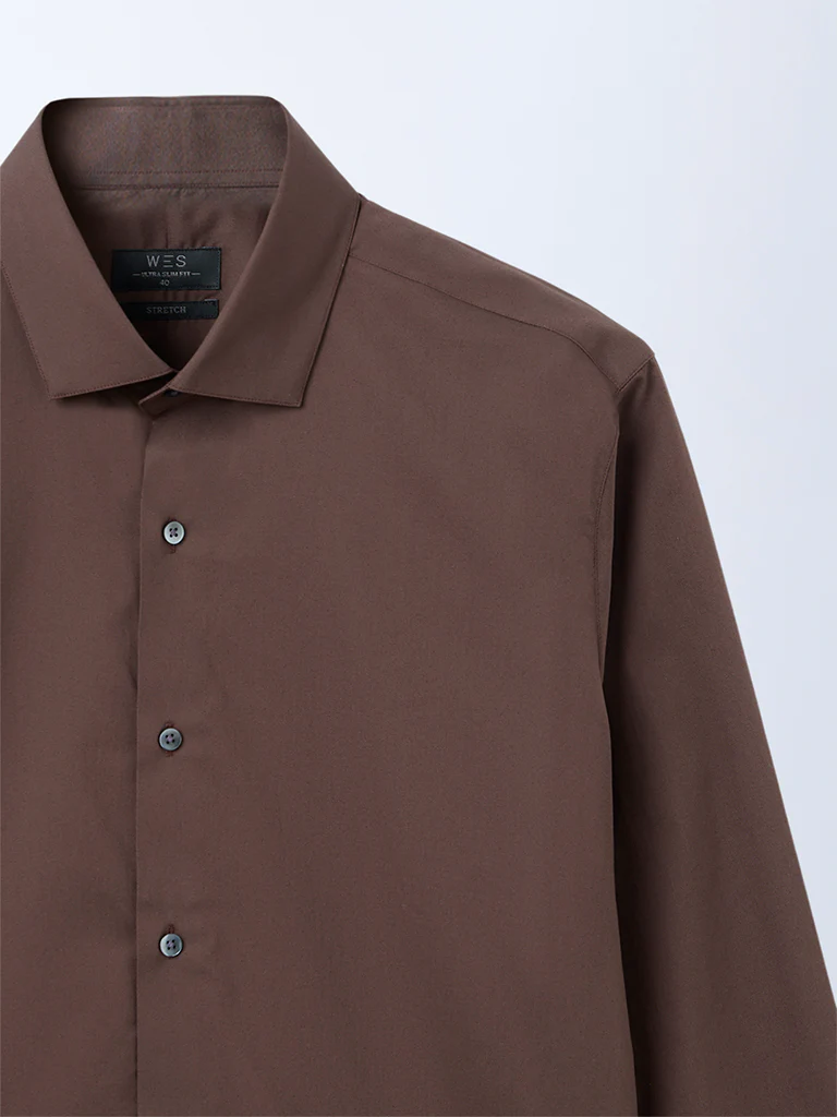 WES Formals Dark Brown Solid Ultra-Slim Fit Cotton Shirt - Image 3