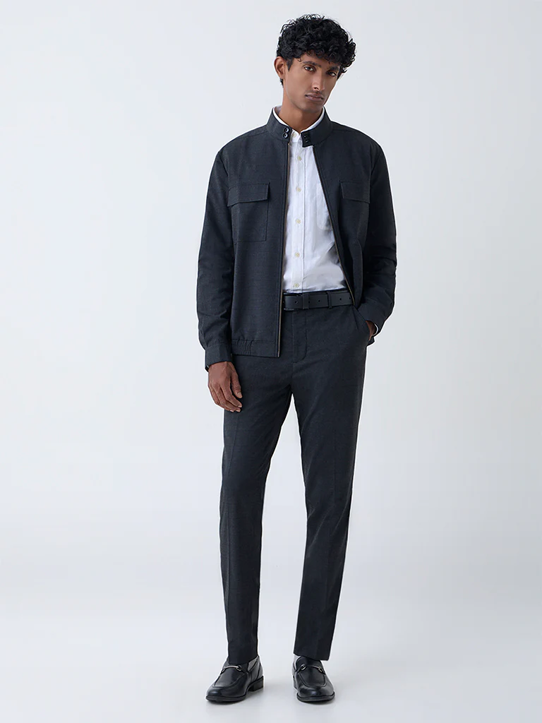 WES Formals Dark Grey Checkered Relaxed-Fit Jacket