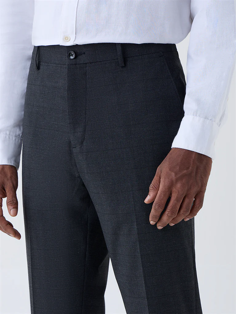 WES Formals Dark Grey Checkered Slim Fit Trousers - Image 3