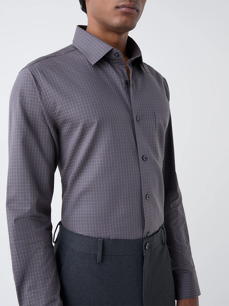 WES Formals Dark Grey Checks Design Slim-Fit Cotton Shirt - Image 2