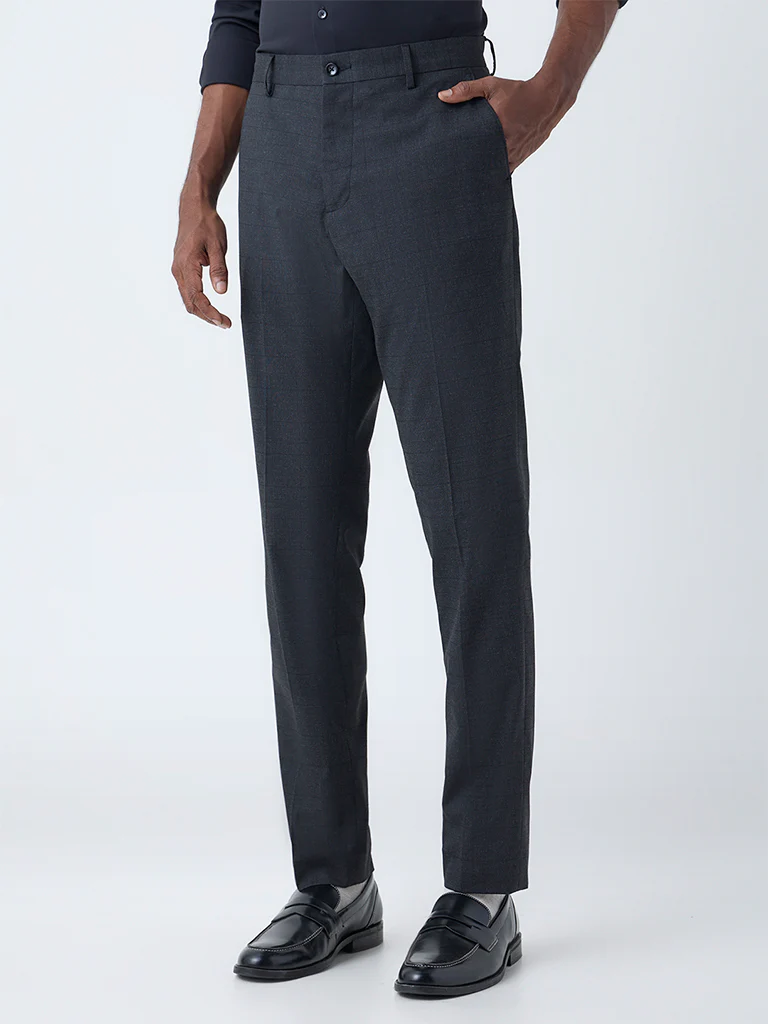 WES Formals Dark Grey Checks Relaxed Fit Mid-Rise Trousers - Image 2