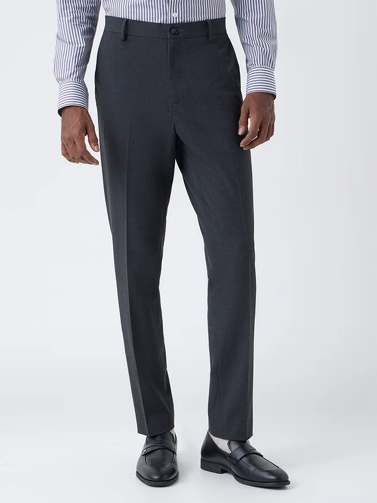 WES Formals Dark Grey Slim-Fit Mid-Rise Trousers - Image 3