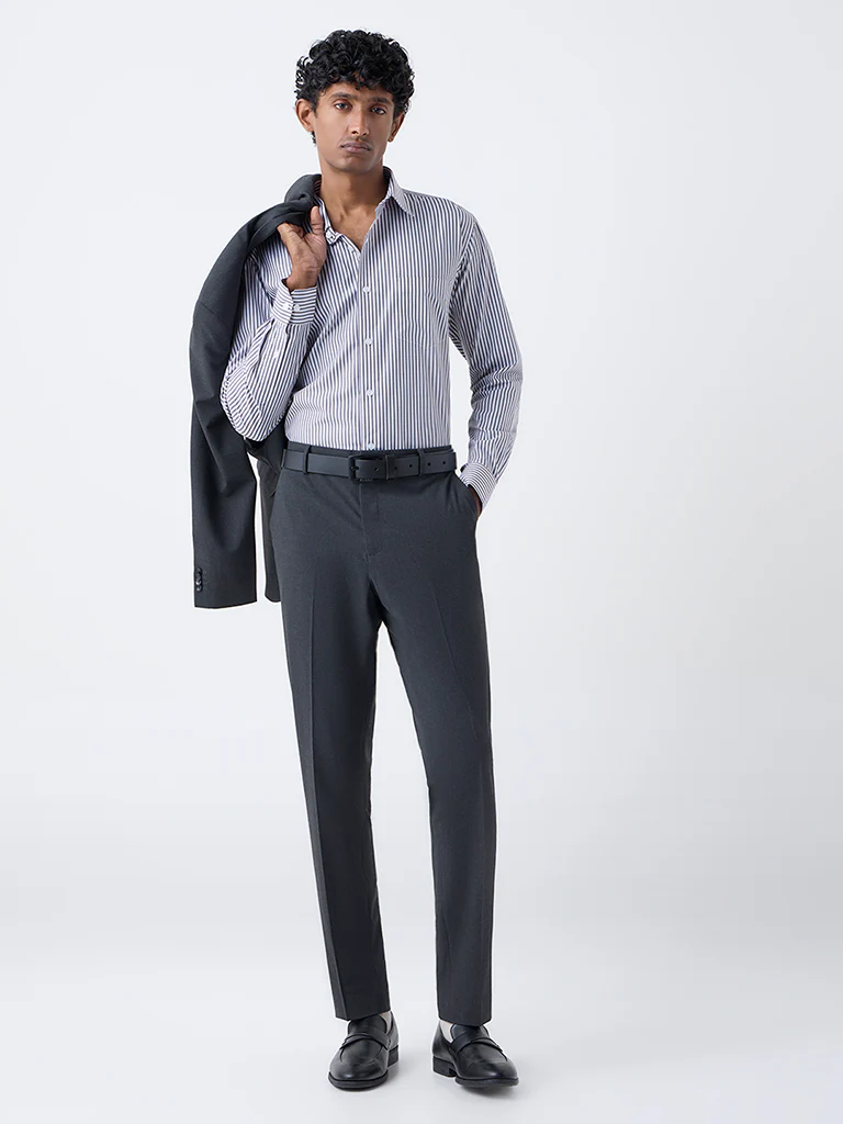 WES Formals Dark Grey Striped Relaxed-Fit Cotton Shirt - Image 3