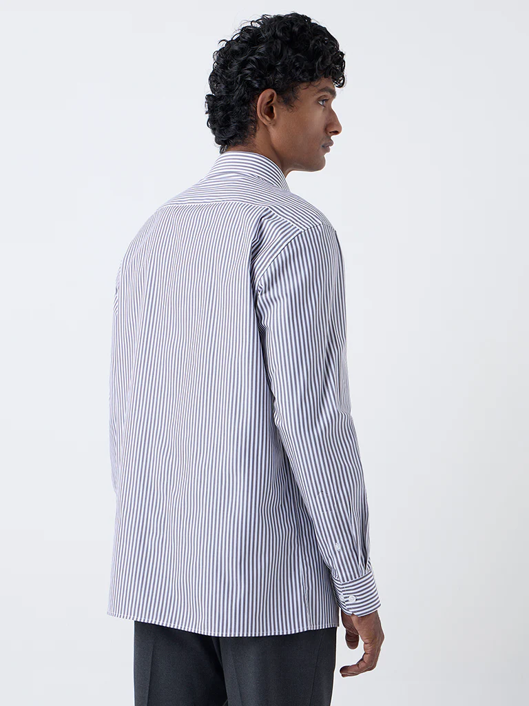 WES Formals Dark Grey Striped Relaxed-Fit Cotton Shirt - Image 4