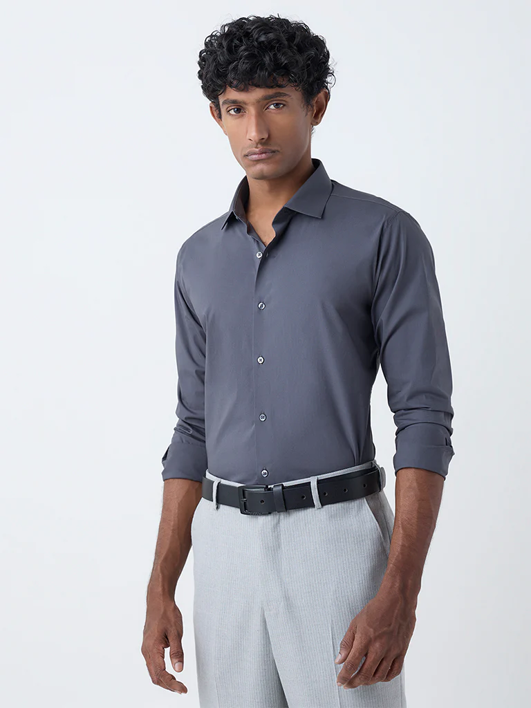 WES Formals Dark Grey Ultra Slim-Fit Cotton-Blend Shirt