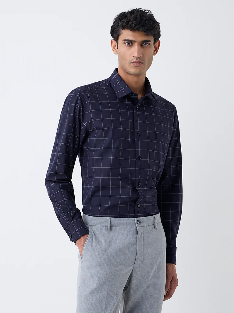 WES Formals Dark Navy Checks Design Relaxed-Fit Cotton Shirt