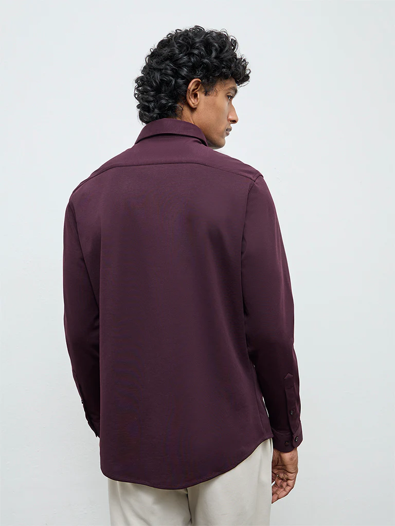 WES Formals Dark Wine Slim-Fit Cotton-Blend Shirt - Image 5