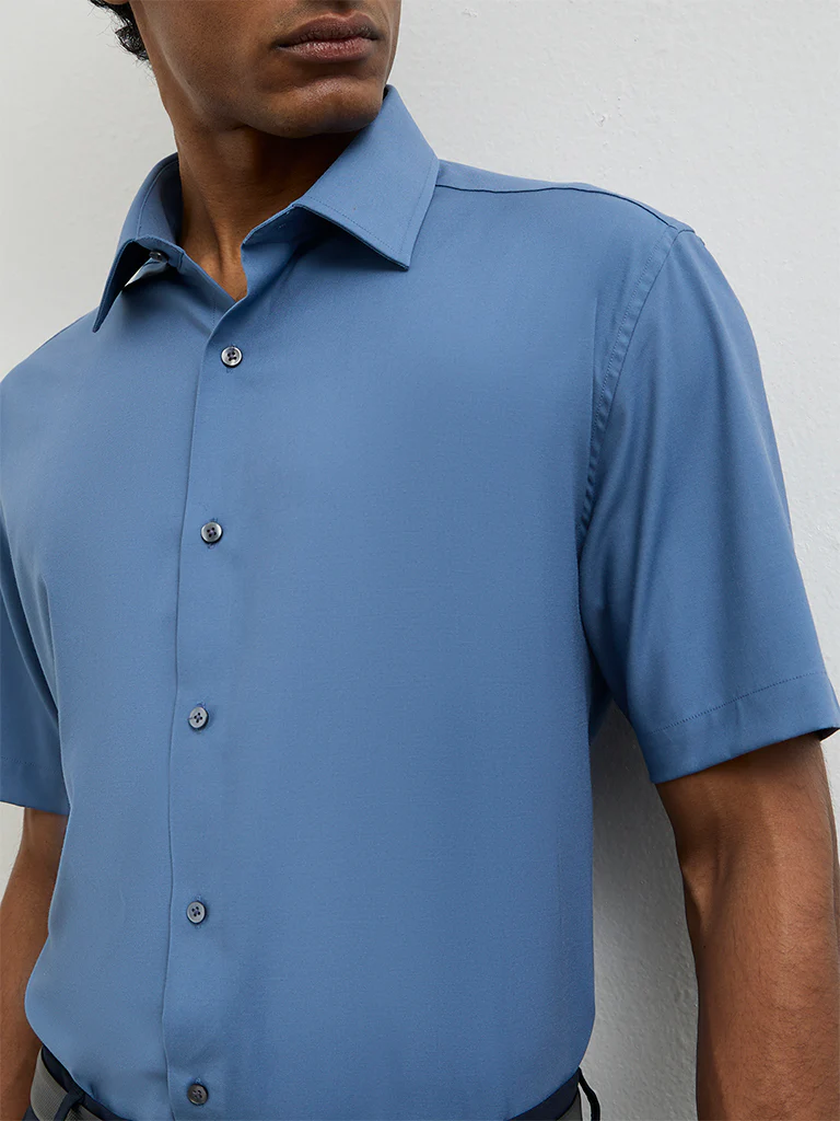WES Formals Dusty Blue Slim-Fit Shirt - Image 4