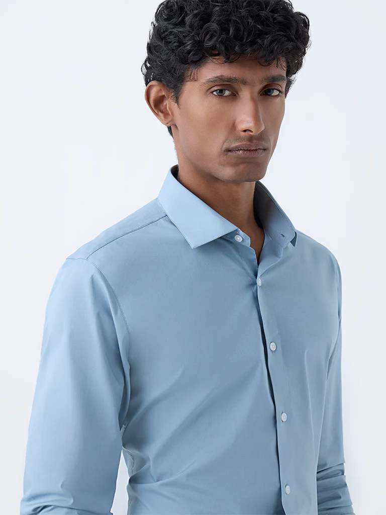 WES Formals Dusty Blue Ultra-Slim Fit Cotton-Blend Shirt - Image 2