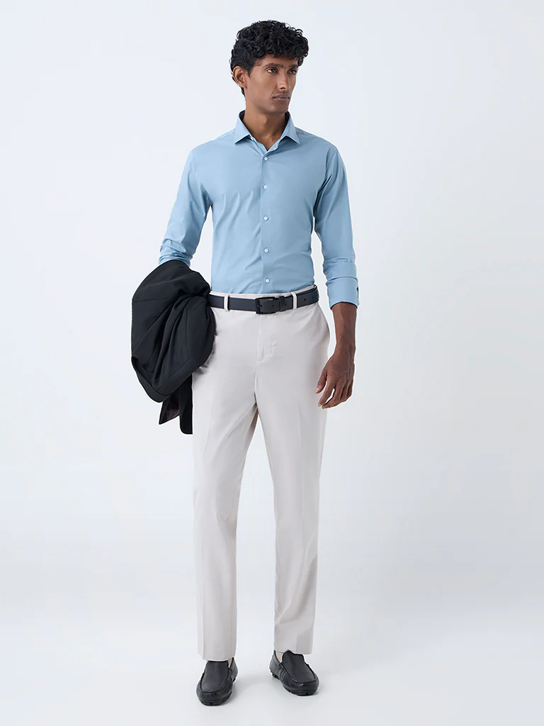 WES Formals Dusty Blue Ultra-Slim Fit Cotton-Blend Shirt - Image 3