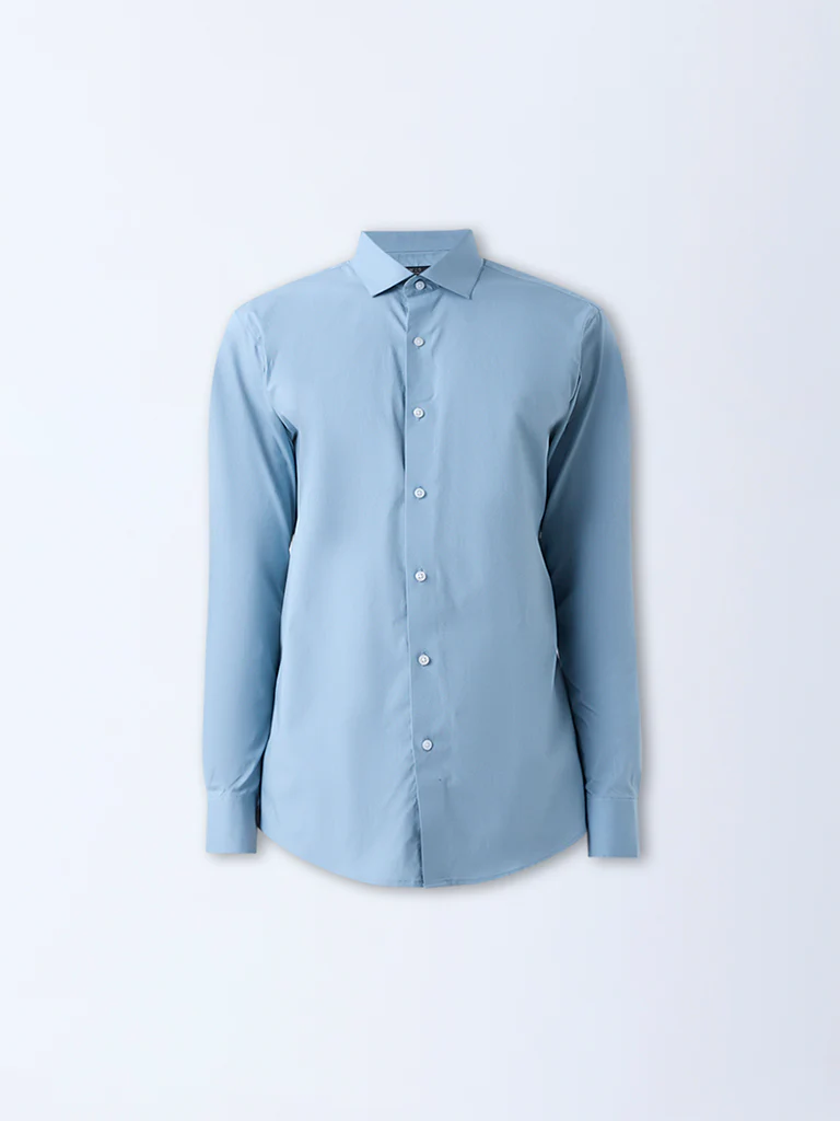 WES Formals Dusty Blue Ultra-Slim Fit Cotton-Blend Shirt - Image 5