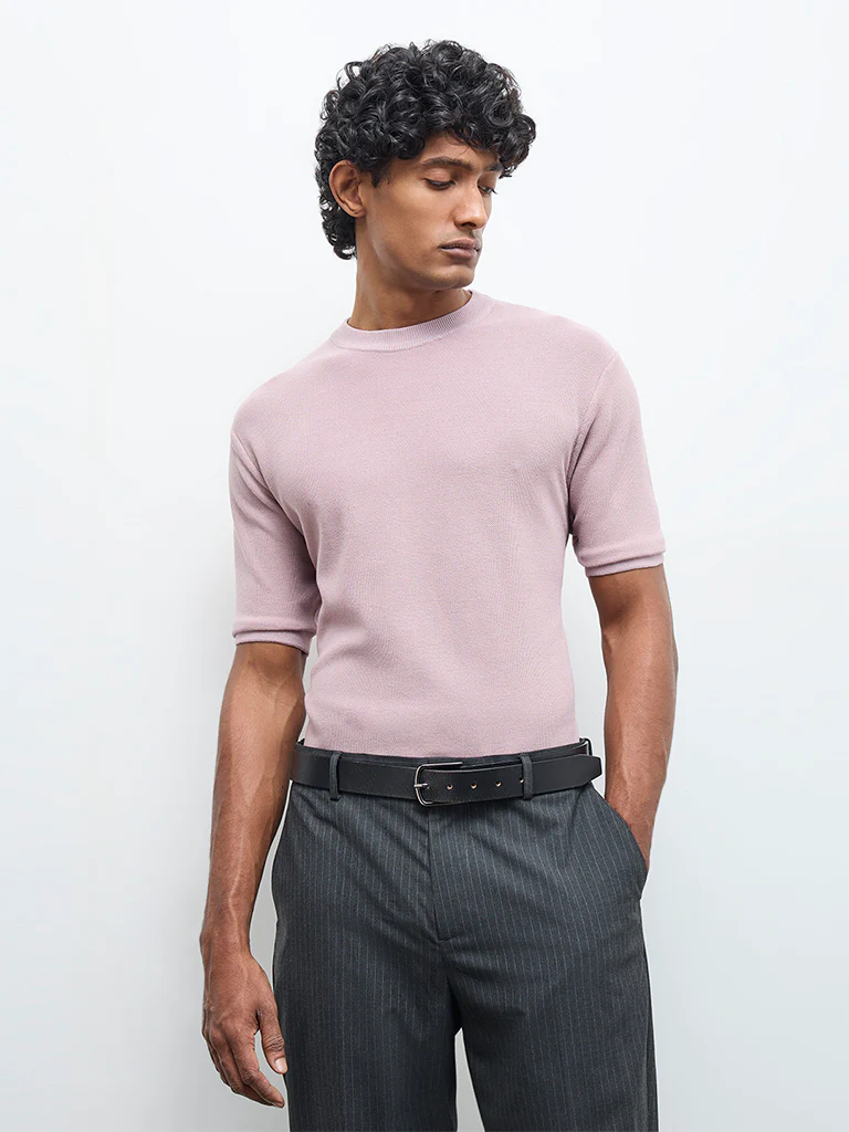 WES Formals Dusty Pink Knitted Slim-Fit T-Shirt