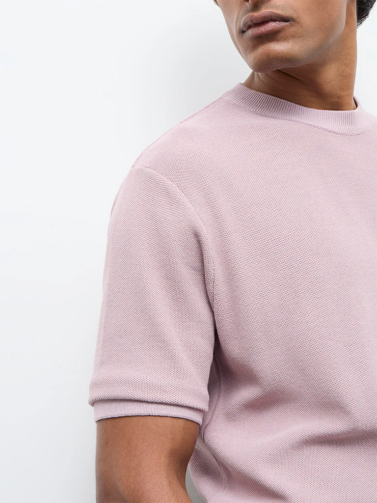 WES Formals Dusty Pink Knitted Slim-Fit T-Shirt - Image 4