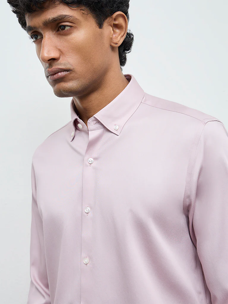 WES Formals Dusty Pink Solid Slim-Fit Cotton Shirt - Image 4