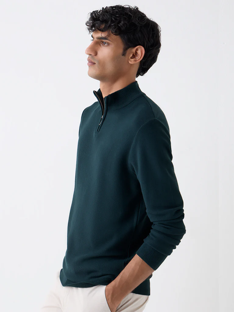 WES Formals Green Knitted Slim-Fit Quarter-Zip Sweater