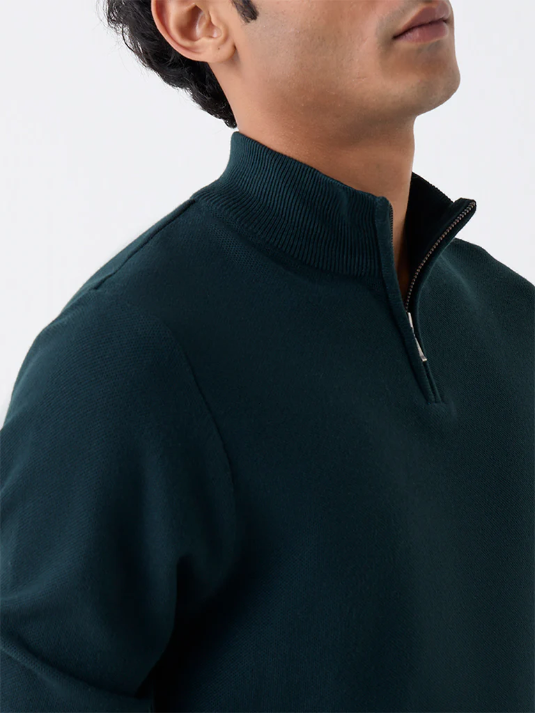 WES Formals Green Knitted Slim-Fit Quarter-Zip Sweater - Image 3