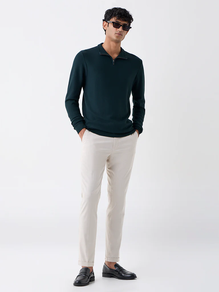 WES Formals Green Knitted Slim-Fit Quarter-Zip Sweater - Image 4