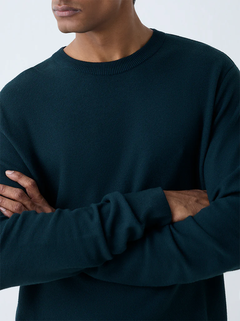 WES Formals Green Knitted Slim-Fit Sweater - Image 3