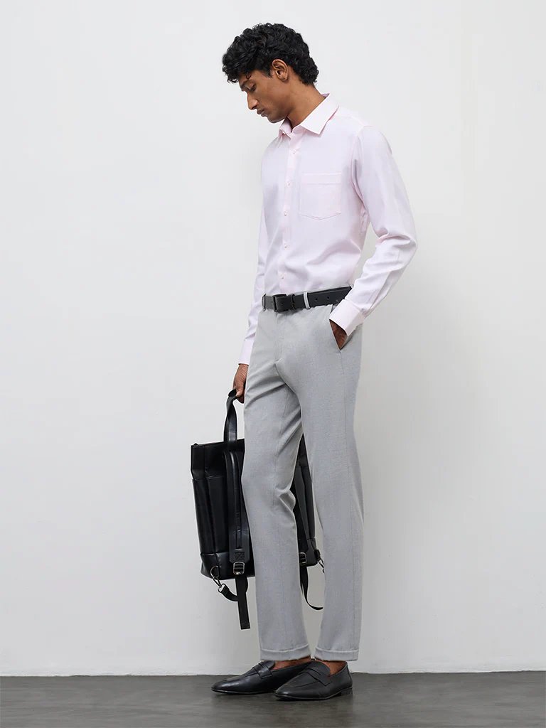 WES Formals Grey Carrot-Fit Mid-Rise Trousers